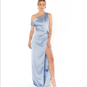 Show Me Your Mumu Jodie Dress Womens Medium Steel Blue Luxe Satin Off-Shoulder
